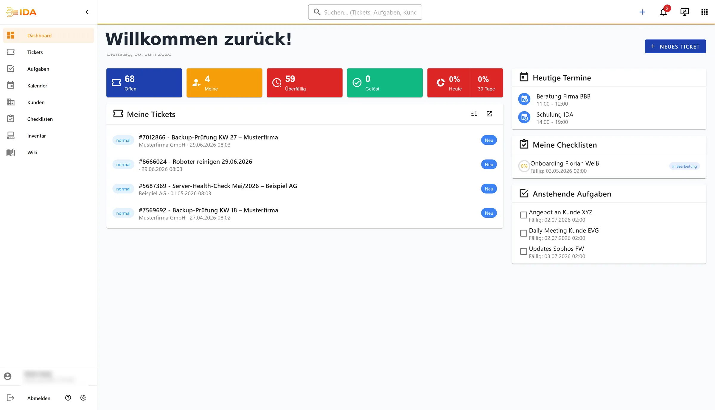 IDA Dashboard: offene Vorgänge, überfällige Tickets, heutige Termine, Checklisten und Aufgaben auf einen Blick