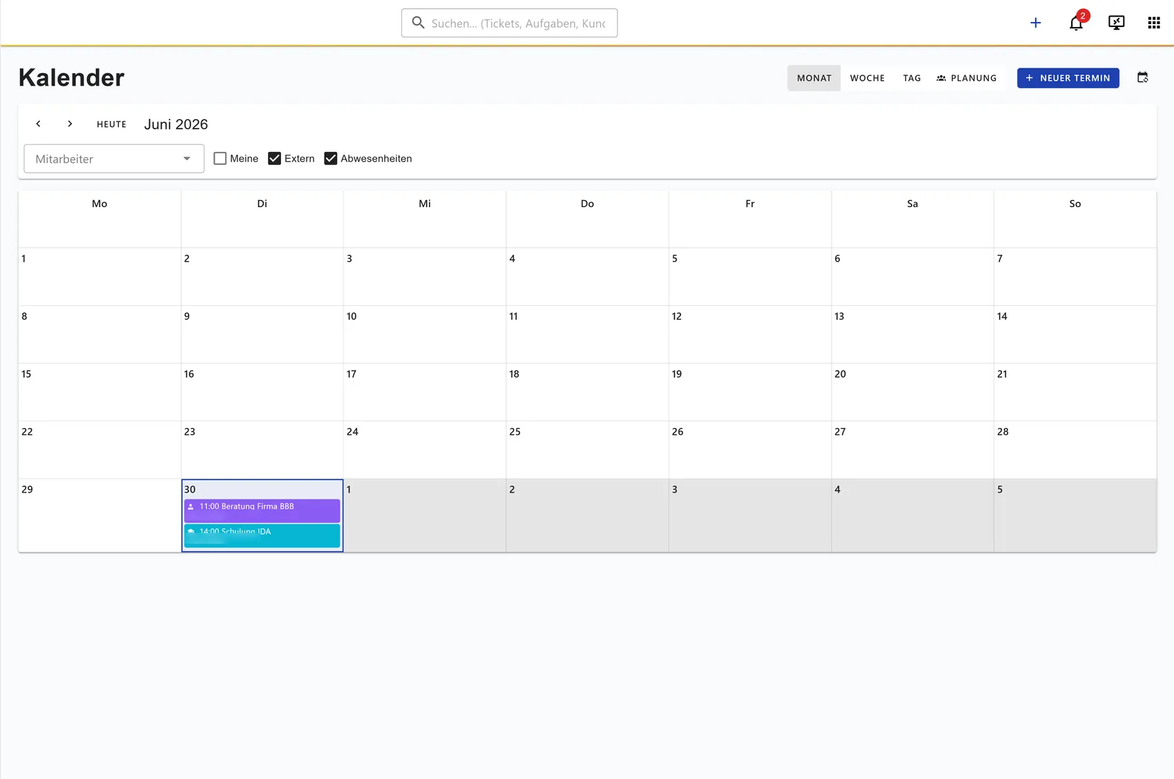 Kalender in IDA mit Terminen, externen Einträgen und Abwesenheiten